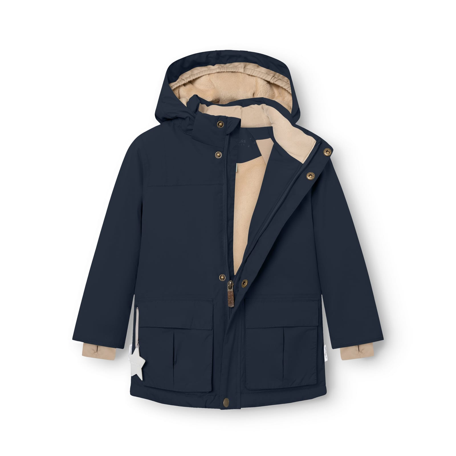 The MATKASTORIO jacket in navy, open to show the fleece lining