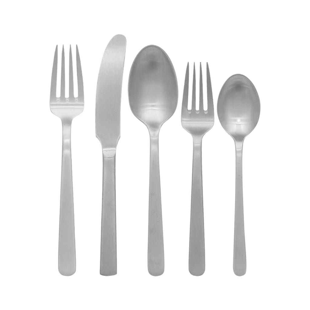 Two forks, a knife and two spoons of the Grand Prix cutlery in matt steel