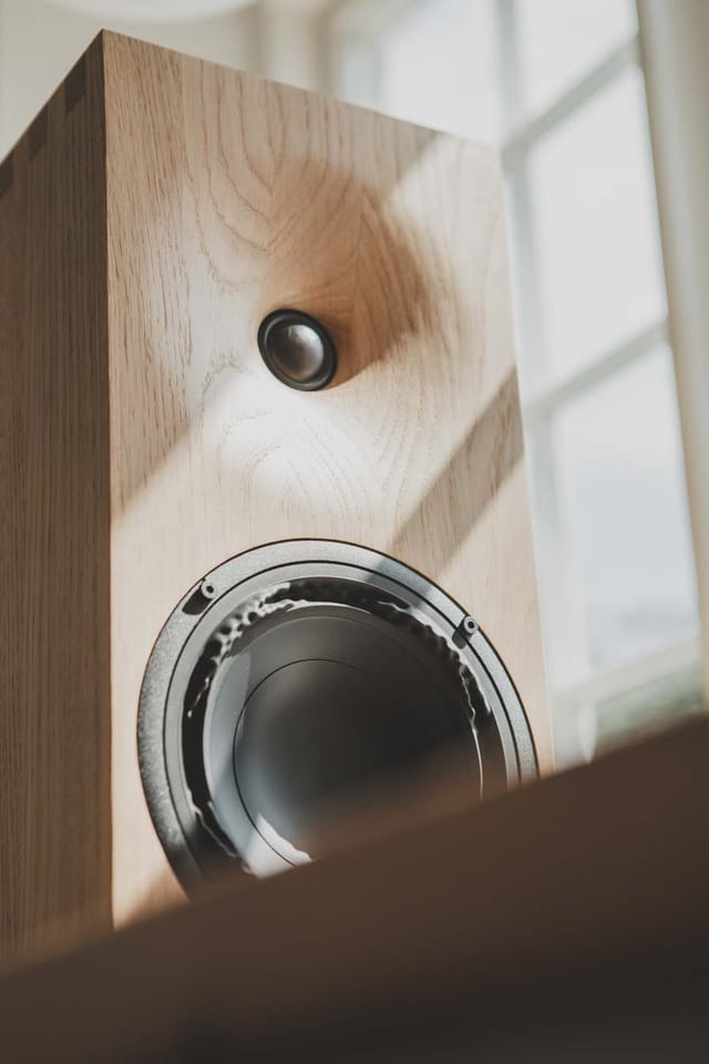 The E50 in solid oak, with its tweeter and Purifi woofer