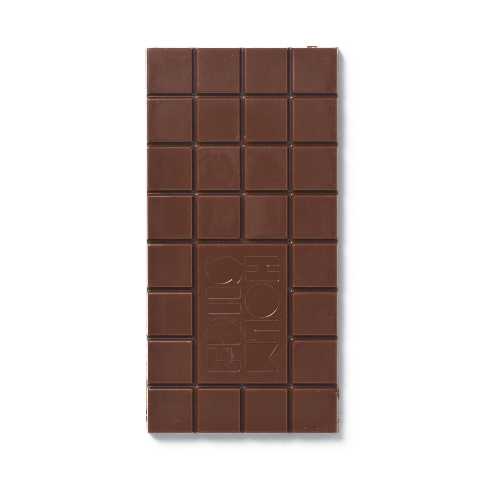 O'Payo Milk 50% bar, unwrapped, showing its scored squares and the Friis-Holm mark