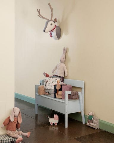 Maileg soft toys — a rabbit, mice and a deer — in a child's room