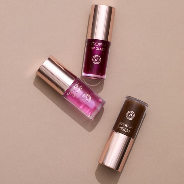 Three Lip Glaze tubes, berry, pink and chocolate