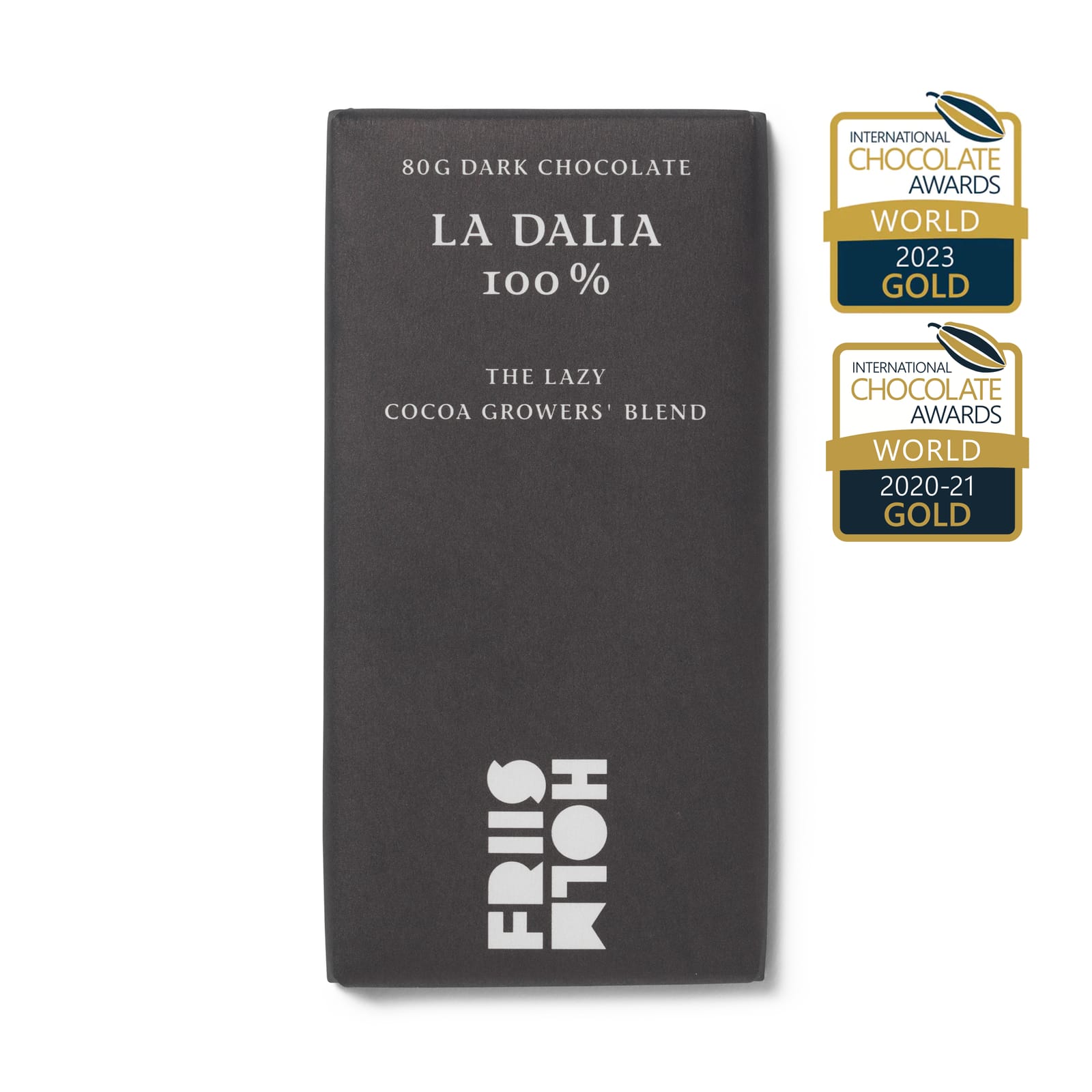 The La Dalia 100% bar in its dark grey wrapper