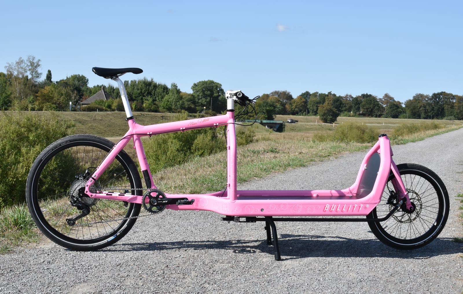 A pink Miss Bullitt cargo bike, side view