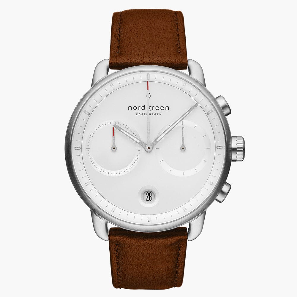 Pioneer chronograph, white dial and brown strap