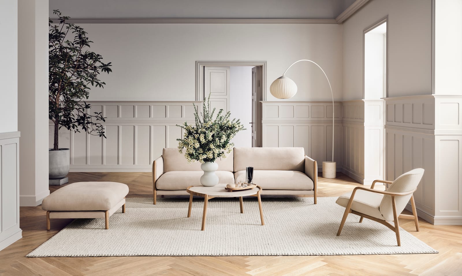 Hayden sofa and footstool in a light living room