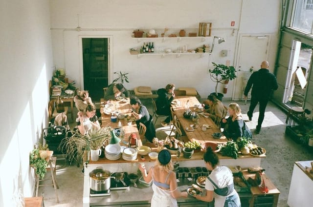 The kitchen and dining room seen from above