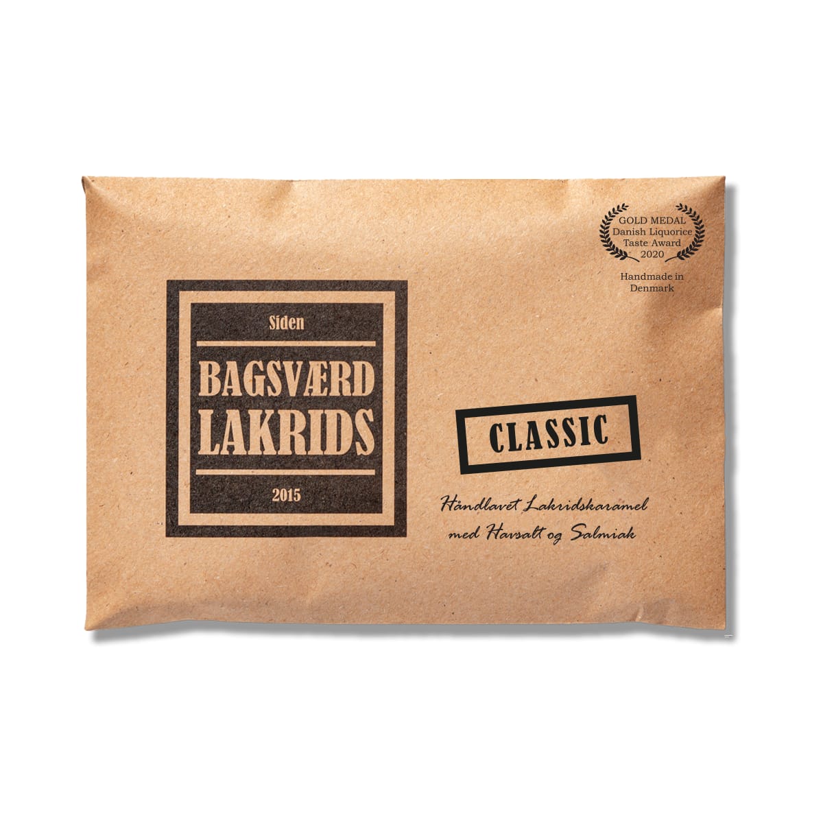 Bagsværd Lakrids Classic, a 160 g licorice plate in its paper wrapping.