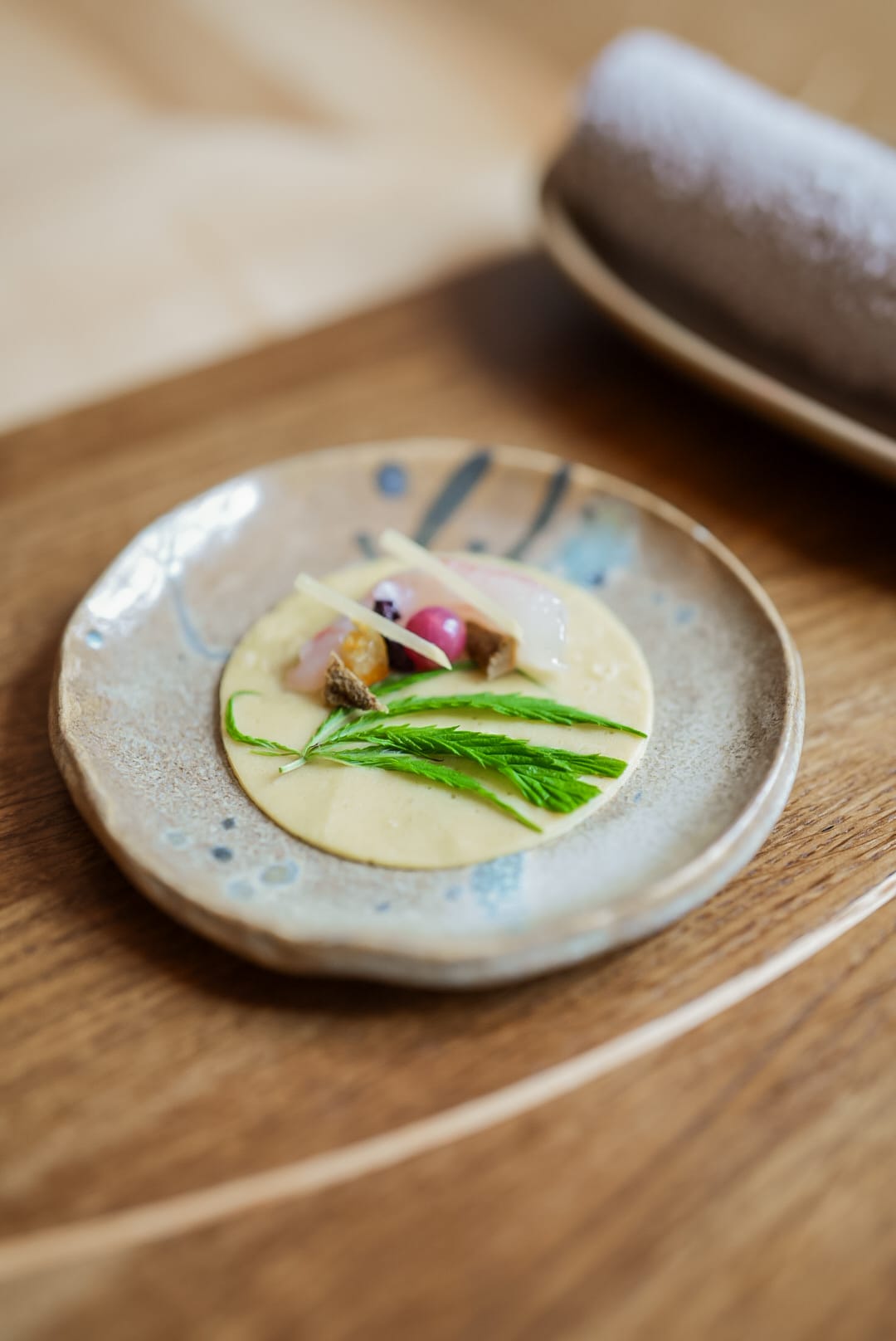 A serving from the menu on a stoneware plate